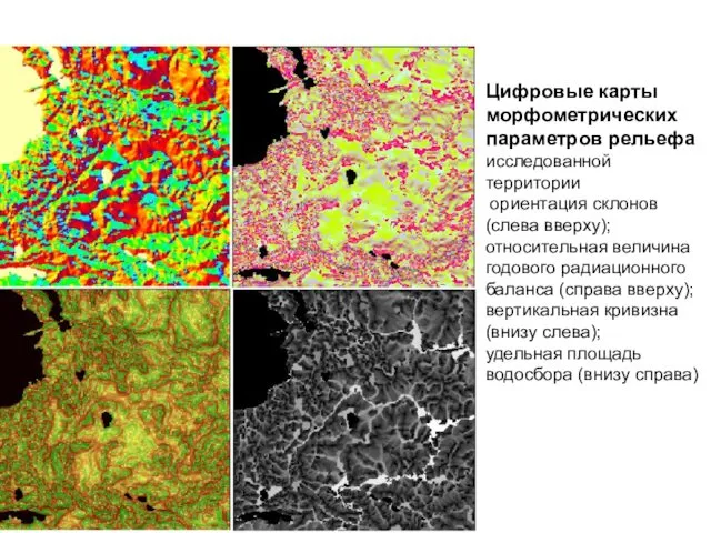 Цифровые карты морфометрических параметров рельефа исследованной территории ориентация склонов (слева