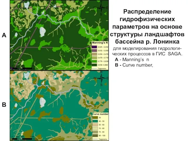Распределение гидрофизических параметров на основе структуры ландшафтов бассейна р. Лонинка для моделирования гидрологи-ческих