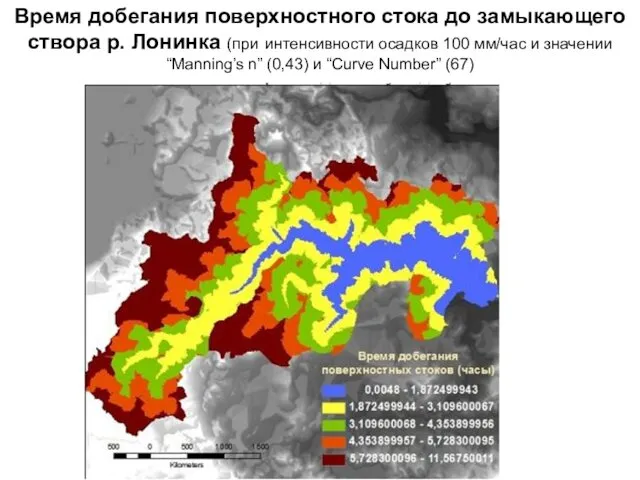 Время добегания поверхностного стока до замыкающего створа р. Лонинка (при интенсивности осадков 100