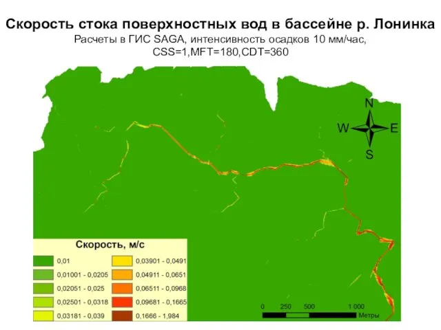 Скорость стока поверхностных вод в бассейне р. Лонинка Расчеты в ГИС SAGA, интенсивность