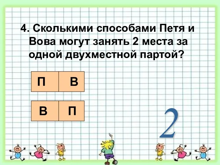 4. Сколькими способами Петя и Вова могут занять 2 места за одной двухместной партой? 2