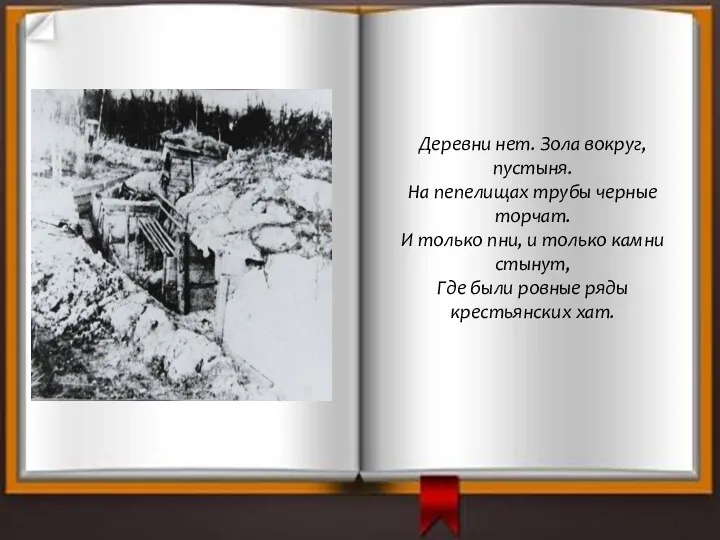 Деревни нет. Зола вокруг, пустыня. На пепелищах трубы черные торчат.