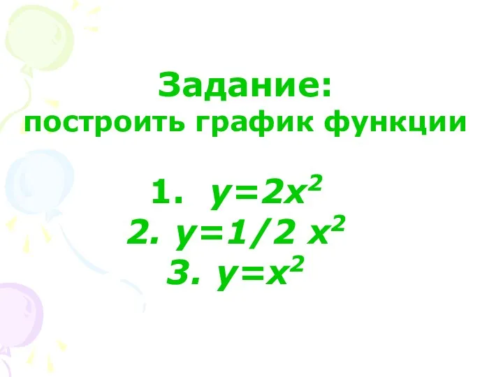 Задание: построить график функции y=2x2 y=1/2 x2 y=x2