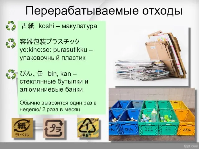 Перерабатываемые отходы 古紙 koshi – макулатура 容器包装プラスチック yo:kiho:so: purasutikku –