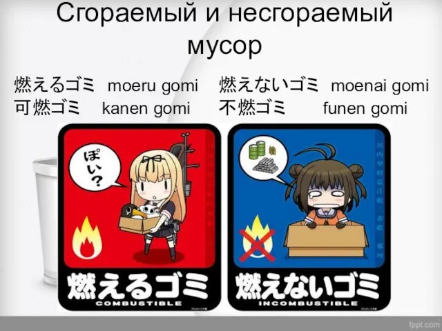 Сгораемый и несгораемый мусор 燃えるゴミ moeru gomi 可燃ゴミ kanen gomi 燃えないゴミ moenai gomi 不燃ゴミ funen gomi