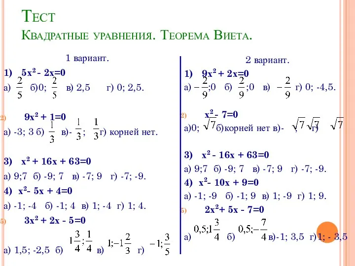 Тест Квадратные уравнения. Теорема Виета. 1 вариант. 1) 5х2 -