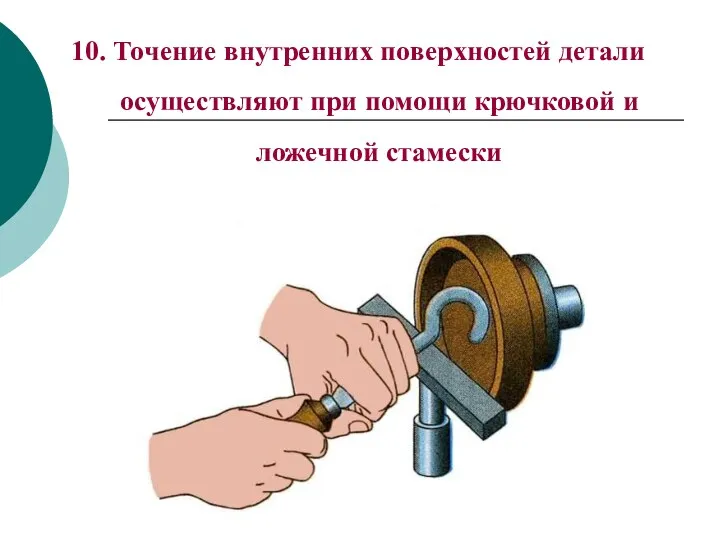 10. Точение внутренних поверхностей детали осуществляют при помощи крючковой и ложечной стамески