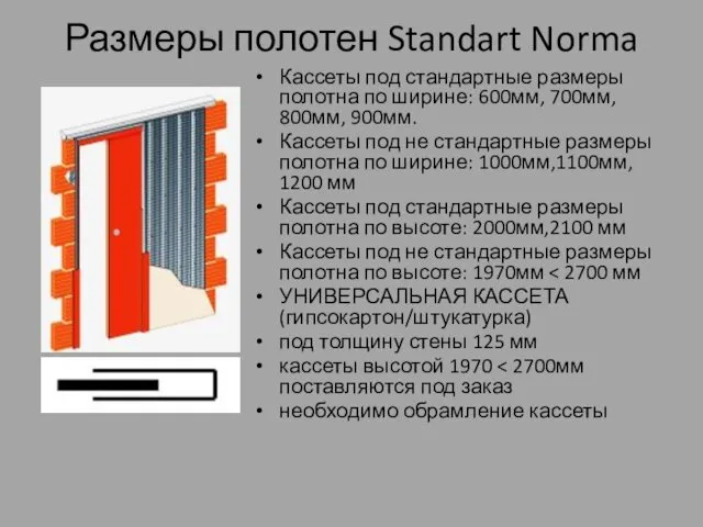 Размеры полотен Standart Norma Кассеты под стандартные размеры полотна по