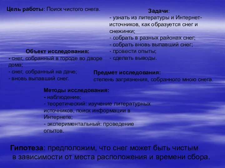 Цель работы: Поиск чистого снега. Задачи: - узнать из литературы