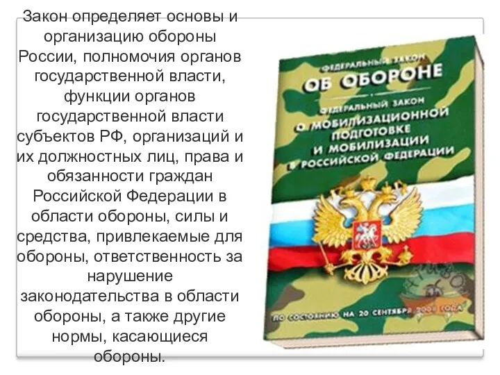 Закон определяет основы и организацию обороны России, полномочия органов государственной