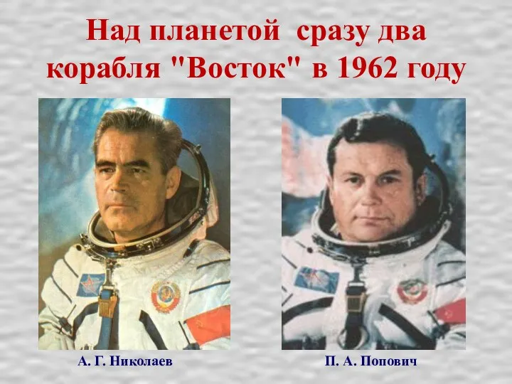 Над планетой сразу два корабля "Восток" в 1962 году А. Г. Николаев П. А. Попович