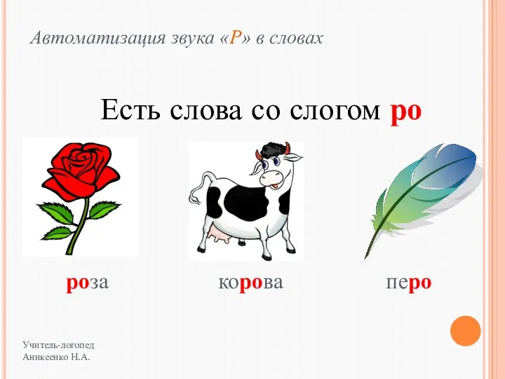 Есть слова со слогом ро корова роза перо Учитель-логопед Аникеенко Н.А. Автоматизация звука «Р» в словах