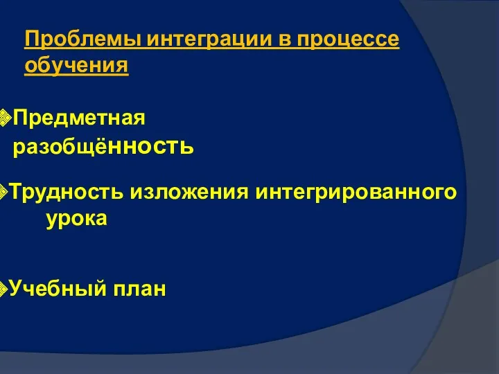 Проблемы интеграции в процессе обучения Предметная разобщённость Трудность изложения интегрированного урока Учебный план