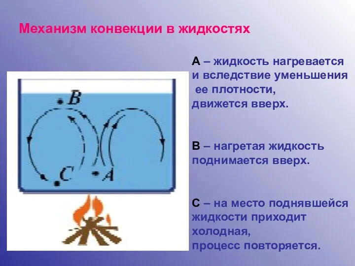 Механизм конвекции в жидкостях А – жидкость нагревается и вследствие