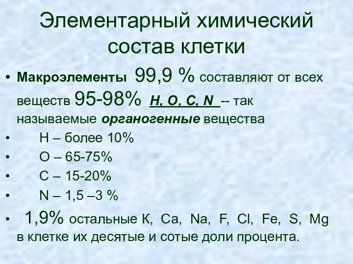 Элементарный химический состав клетки Макроэлементы 99,9 % составляют от всех веществ 95-98% Н,