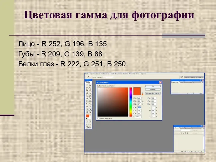 Цветовая гамма для фотографии Лицо - R 252, G 196,