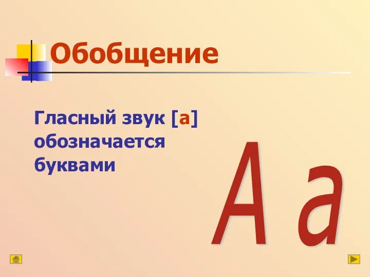 Обобщение Гласный звук [а] обозначается буквами А а