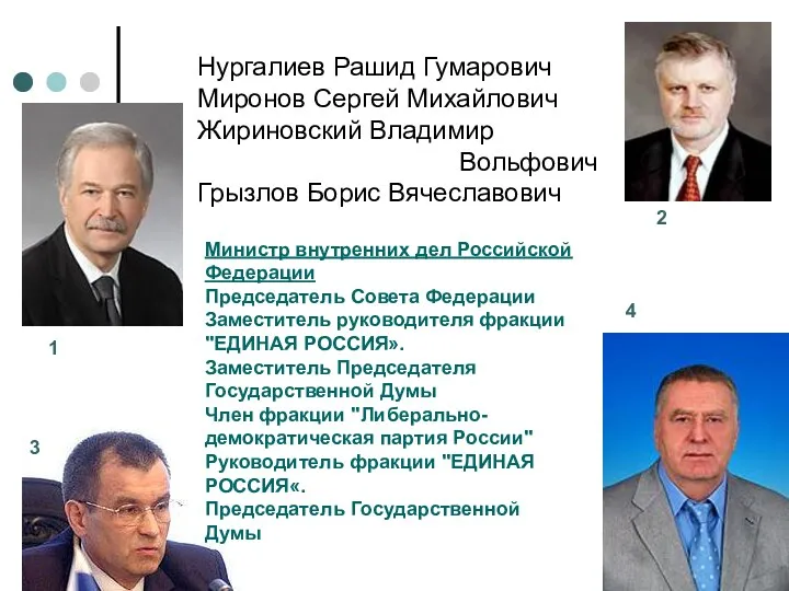 Нургалиев Рашид Гумарович Миронов Сергей Михайлович Жириновский Владимир Вольфович Грызлов