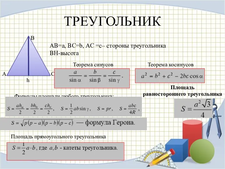 ТРЕУГОЛЬНИК h АВ=a, ВС=b, АС =c– стороны треугольника BH-высота Теорема синусов Теорема косинусов