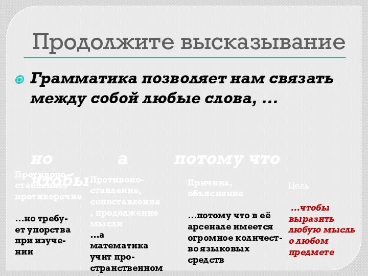 Продолжите высказывание Грамматика позволяет нам связать между собой любые слова,