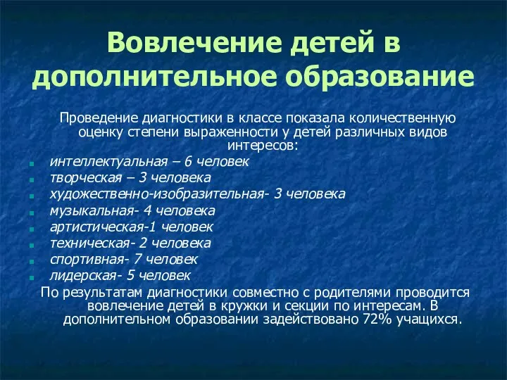 Вовлечение детей в дополнительное образование Проведение диагностики в классе показала