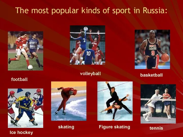 The most popular kinds of sport in Russia: football volleyball basketball tennis Figure