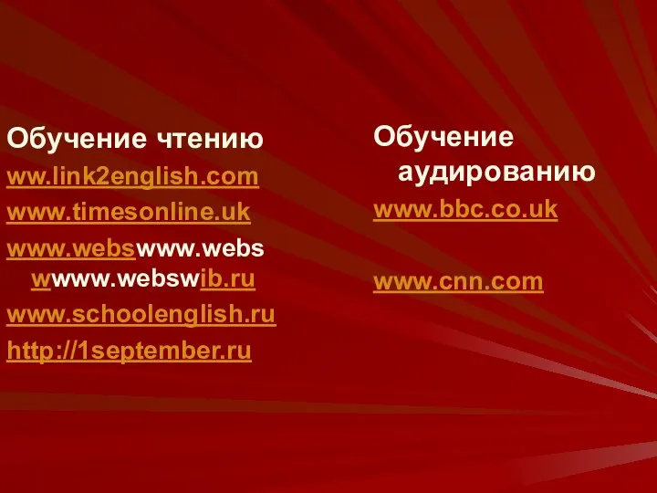 Обучение чтению ww.link2english.com www.timesonline.uk www.webswww.webswwww.webswib.ru www.schoolenglish.ru http://1september.ru Обучение аудированию www.bbc.co.uk www.cnn.com