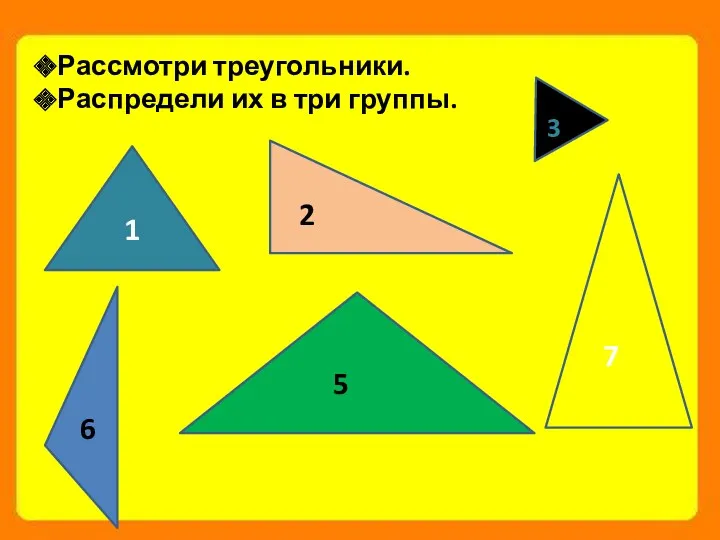 Рассмотри треугольники. Распредели их в три группы. 1 2 3 5 6 7