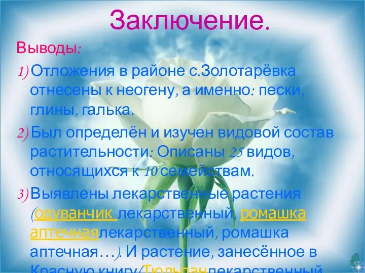 Заключение. Выводы: 1) Отложения в районе с.Золотарёвка отнесены к неогену,