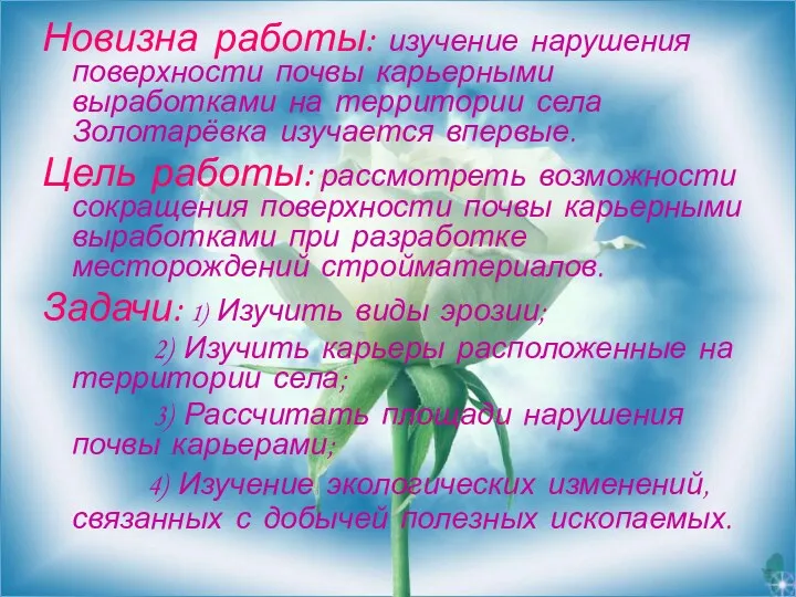 Новизна работы: изучение нарушения поверхности почвы карьерными выработками на территории