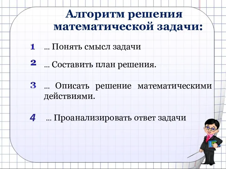 Алгоритм решения математической задачи: … Понять смысл задачи … Описать