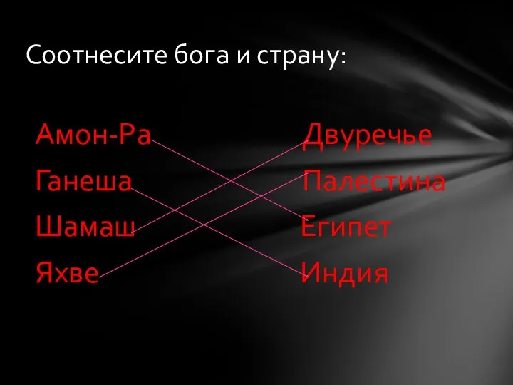 Амон-Ра Двуречье Ганеша Палестина Шамаш Египет Яхве Индия Соотнесите бога и страну: