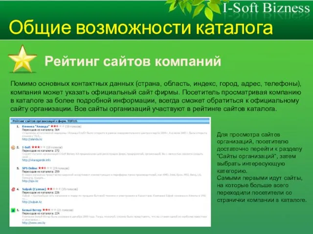 Общие возможности каталога Рейтинг сайтов компаний Помимо основных контактных данных