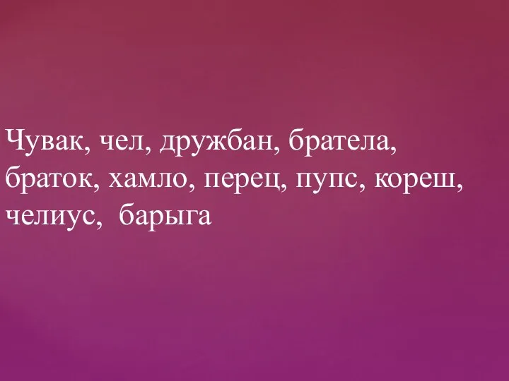 Чувак, чел, дружбан, братела, браток, хамло, перец, пупс, кореш, челиус, барыга