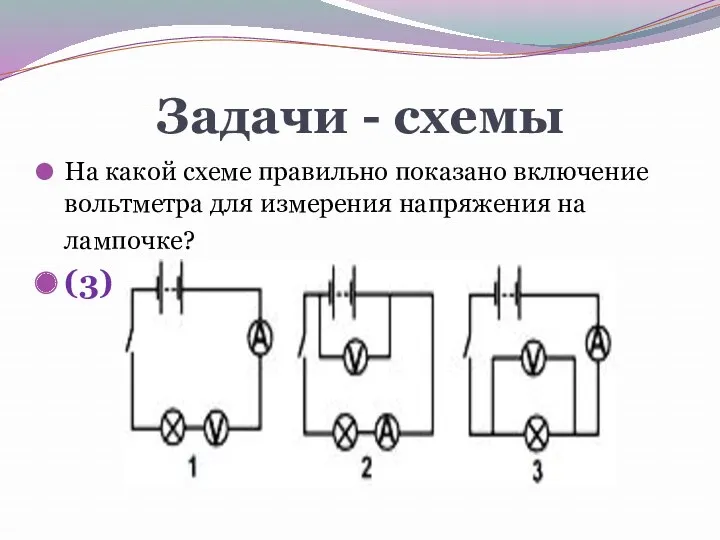 Задачи - схемы На какой схеме правильно показано включение вольтметра для измерения напряжения на лампочке? (3)