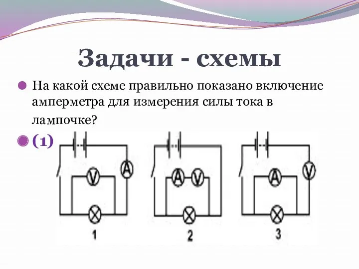 Задачи - схемы На какой схеме правильно показано включение амперметра