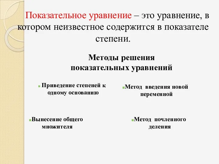 Показательное уравнение – это уравнение, в котором неизвестное содержится в