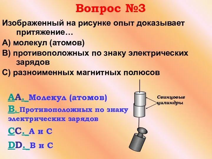 Вопрос №3 Изображенный на рисунке опыт доказывает притяжение… А) молекул