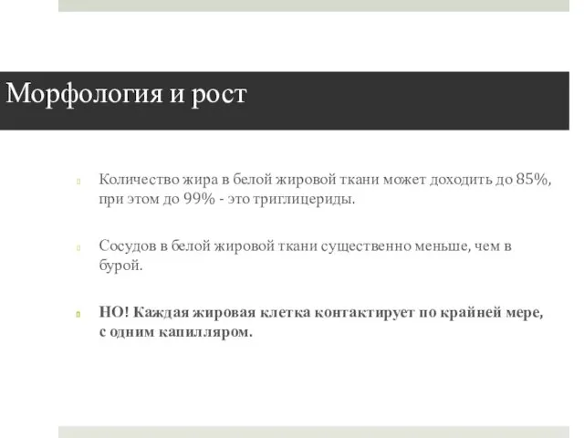 Морфология и рост Количество жира в белой жировой ткани может доходить до 85%,