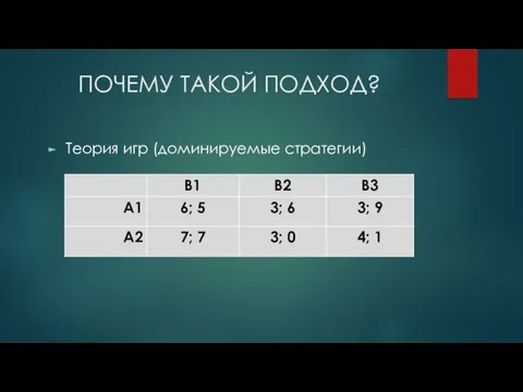 ПОЧЕМУ ТАКОЙ ПОДХОД? Теория игр (доминируемые стратегии)