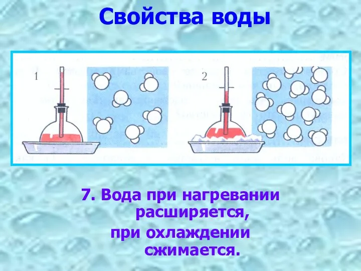 Свойства воды 7. Вода при нагревании расширяется, при охлаждении сжимается.