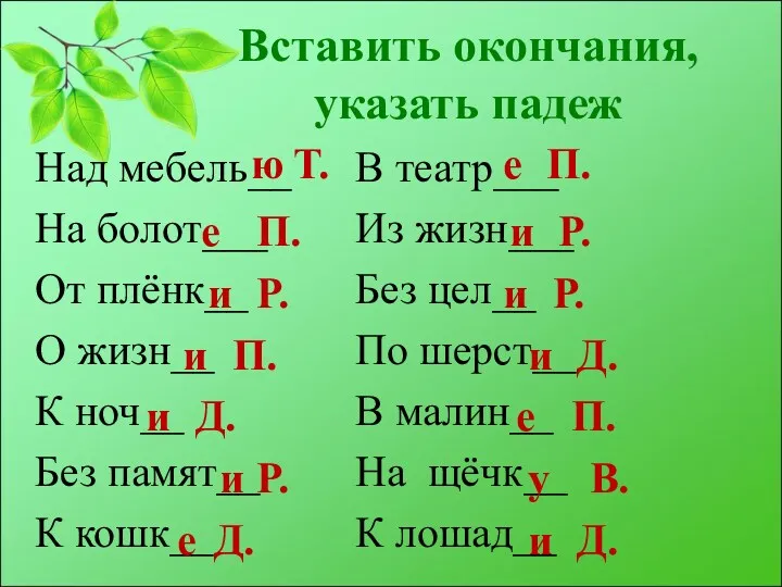 Вставить окончания, указать падеж Над мебель__ На болот___ От плёнк__