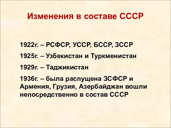Изменения в составе СССР 1922г. – РСФСР, УССР, БССР, ЗССР