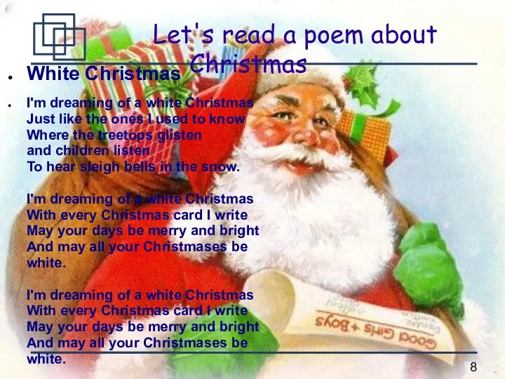 Let's read a poem about Christmas White Christmas I'm dreaming