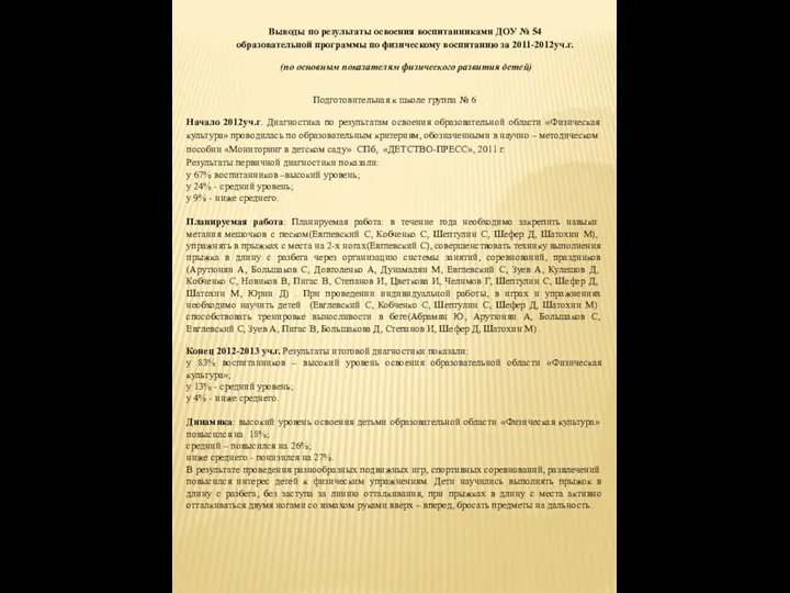 Выводы по результаты освоения воспитанниками ДОУ № 54 образовательной программы