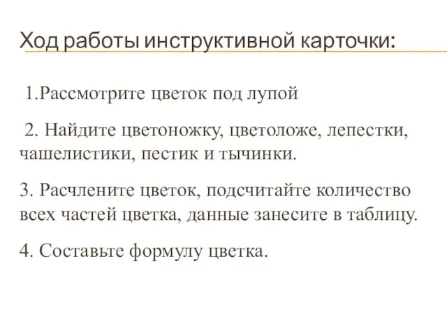 Ход работы инструктивной карточки: 1.Рассмотрите цветок под лупой 2. Найдите