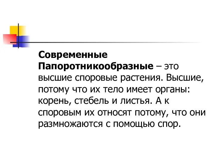 Современные Папоротникообразные – это высшие споровые растения. Высшие, потому что