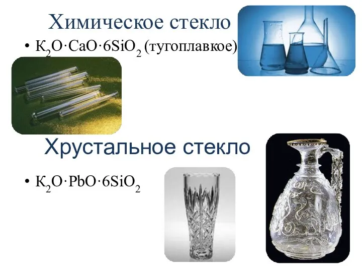 Химическое стекло К2O·CaO·6SiO2 (тугоплавкое) К2O·PbO·6SiO2 Хрустальное стекло