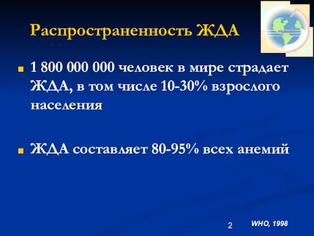 Распространенность ЖДА 1 800 000 000 человек в мире страдает