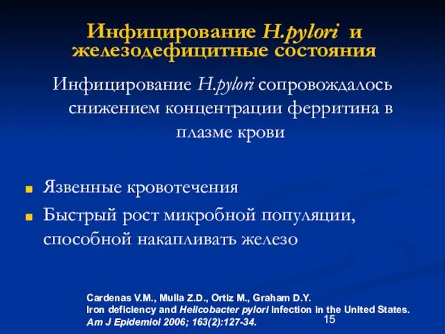 Инфицирование H.pylori и железодефицитные состояния Инфицирование H.pylori сопровождалось снижением концентрации